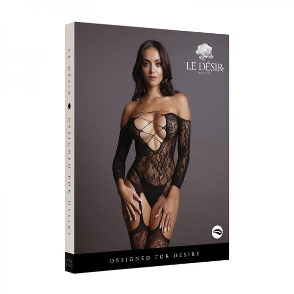 Shots Le Desir Deep V Criss Cross Bodystocking Black O/S