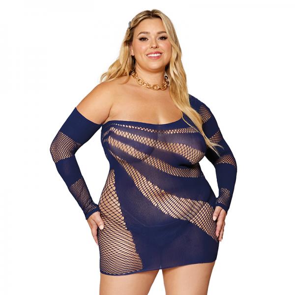 Dreamgirl Stripey One Shoulder Fishnet Chemise Nocturnal Queen Size