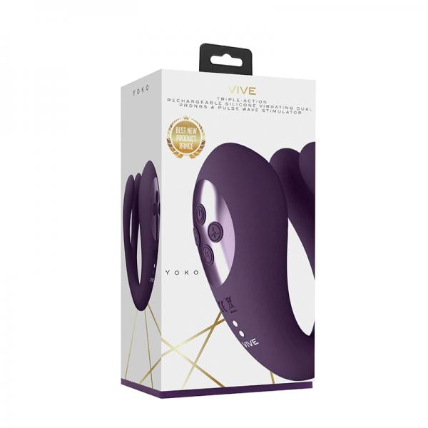 Vive Yoko Rechargeable Triple Action Silicone Vibrator Dual Prongs With Clitoral Pulse Wave Purple