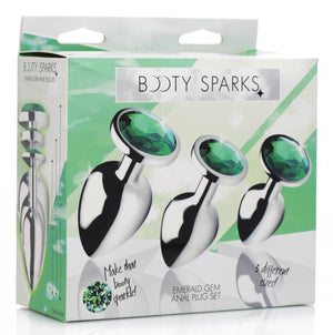 Emerald Gem Anal Plug Set 3 Silver Plugs With Green End