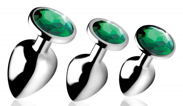 Emerald Gem Anal Plug Set 3 Silver Plugs With Green End