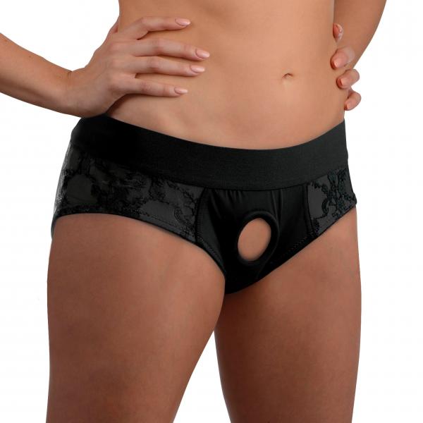 Lace Envy Black Crotchless Panty Harness S M