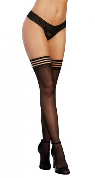 Striped Top Sheer Thigh High Stockings Black O/S