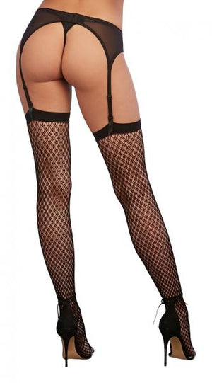 Fishnet Plaid Thigh High Stockings Black O/S