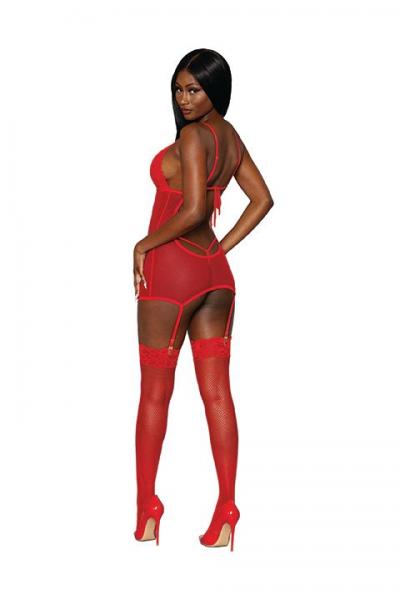 Lace & Mesh Garter Slip & G String Set Lipstick Red O/S