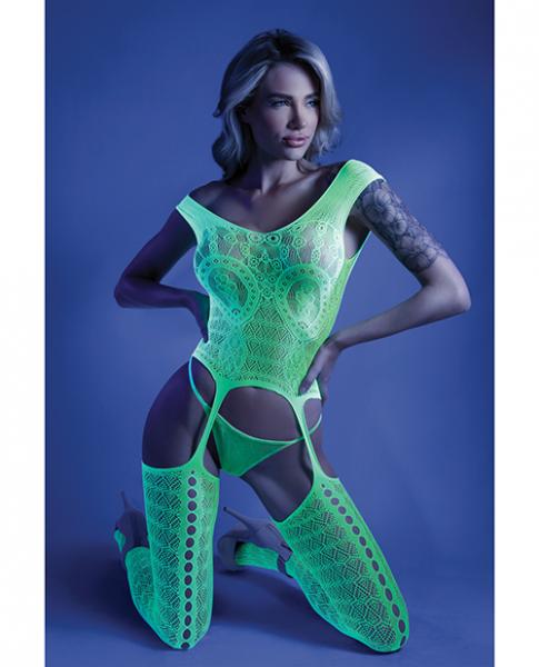 Glow Supersonic Mosaic Bodystocking Neon Green O/S