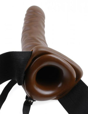 8 Inches Vibrating Hollow Strap On Brown
