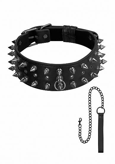 Ouch! Skulls & Bones Biker Spike Collar With Leash Black