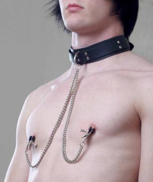 Black Leather Collar With Broad Tip Nipple Clamps