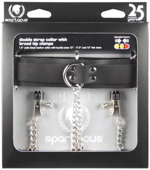 Black Leather Collar With Broad Tip Nipple Clamps