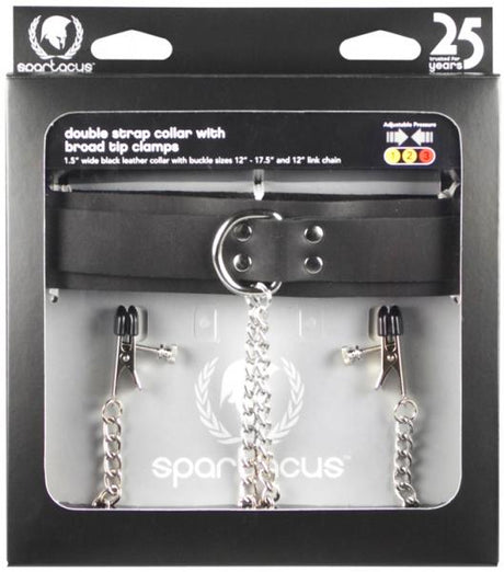 Black Leather Collar With Broad Tip Nipple Clamps