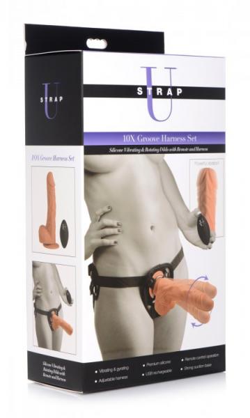 Strap U 10x Groove Silicone Vibrating & Rotating Dildo W/ Remote & Harness